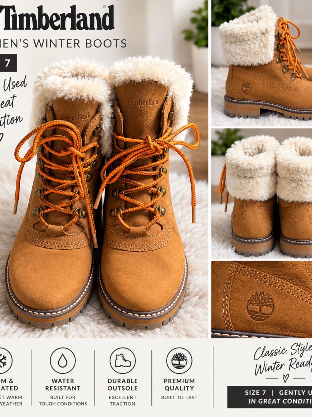 Timberland Women's Tan Winter Boots with Cream Fur Collar